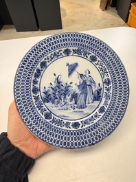 A Chinese blue and white 'La Dame au Parasol' plate after Cornelis Pronk, Qianlong