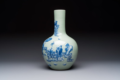 A Chinese blue and white celadon-ground 'Sanxing' bottle vase with relief design, 19th C.
