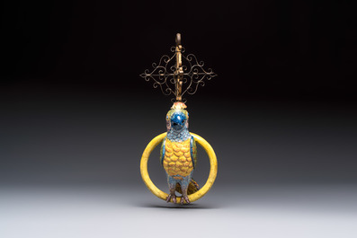A polychrome Dutch Delft model of a parrot with gilt bronze hanging ornament, 18/19th C.