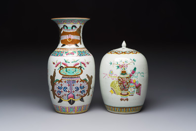 A Chinese famille rose 'Antiquities' vase and a covered jar, 19th C.