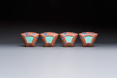 A Chinese enamelled Yixing stoneware nine-piece 'peonies' sweetmeat set on a Southeast Asian lacquer tray, 19th C.