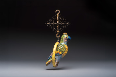 A polychrome Dutch Delft model of a parrot with gilt bronze hanging ornament, 18/19th C.
