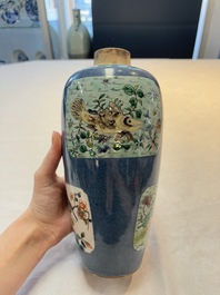 A Chinese famille verte powder-blue-ground 'Fish and Bird' vase and cover, 19th C.