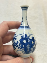 Four Chinese blue and white miniature vases, one with cover, Kangxi