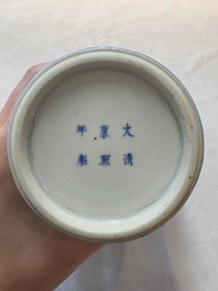 Two Chinese claire-de-lune vases, one with a wooden stand, Kangxi and Yongzheng mark, 19/20th C.