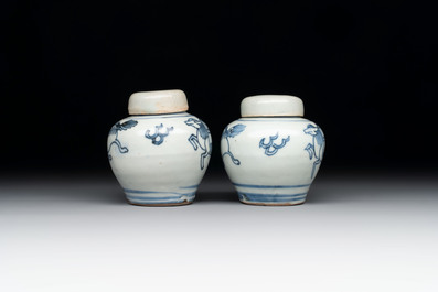 A pair of Chinese incised white-glazed 'Meiping' vases, Wanli mark and of the period, and a pair of blue and white covered jarlets, Ming