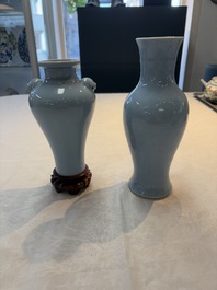 Two Chinese claire-de-lune vases, one with a wooden stand, Kangxi and Yongzheng mark, 19/20th C.