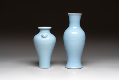 Two Chinese claire-de-lune vases, one with a wooden stand, Kangxi and Yongzheng mark, 19/20th C.