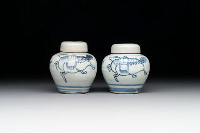 A pair of Chinese incised white-glazed 'Meiping' vases, Wanli mark and of the period, and a pair of blue and white covered jarlets, Ming