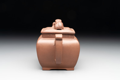 A Chinese Yixing stoneware 'lion and brocade ball' teapot and cover, 19/20th C.