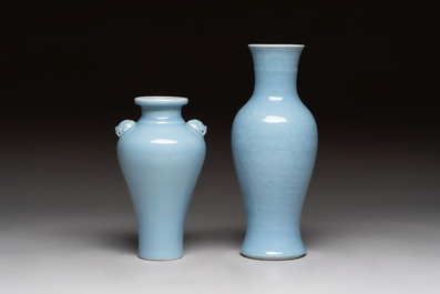 Two Chinese claire-de-lune vases, one with a wooden stand, Kangxi and Yongzheng mark, 19/20th C.