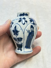 Four Chinese blue and white miniature vases, one with cover, Kangxi