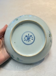 A Chinese doucai 'sanduo' plate, ingot, brush and ruyi mark, Yongzheng
