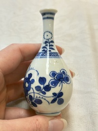 Four Chinese blue and white miniature vases, one with cover, Kangxi