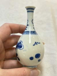 Four Chinese blue and white miniature vases, one with cover, Kangxi