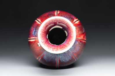 A Chinese flamb&eacute;-glazed vase with 'chilong' handles, 20th C.