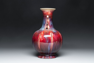 A Chinese flamb&eacute;-glazed vase with 'chilong' handles, 20th C.