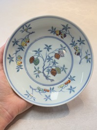 A Chinese doucai 'sanduo' plate, ingot, brush and ruyi mark, Yongzheng