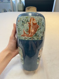 A Chinese famille verte powder-blue-ground 'Fish and Bird' vase and cover, 19th C.