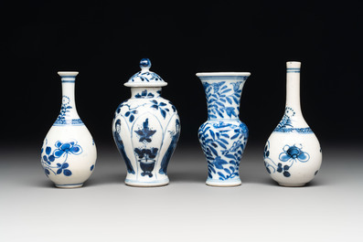 Four Chinese blue and white miniature vases, one with cover, Kangxi