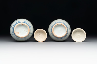 A pair of Chinese incised white-glazed 'Meiping' vases, Wanli mark and of the period, and a pair of blue and white covered jarlets, Ming