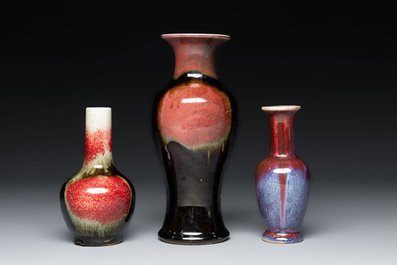 Three Chinese flamb&eacute;-glazed vases, 20th C.