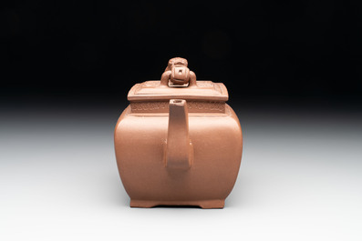 A Chinese Yixing stoneware 'lion and brocade ball' teapot and cover, 19/20th C.