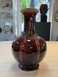 A Chinese flamb&eacute;-glazed vase with 'chilong' handles, 20th C.