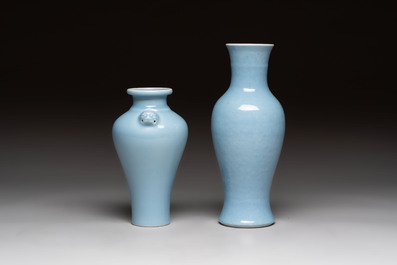 Two Chinese claire-de-lune vases, one with a wooden stand, Kangxi and Yongzheng mark, 19/20th C.