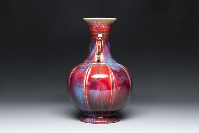 A Chinese flamb&eacute;-glazed vase with 'chilong' handles, 20th C.