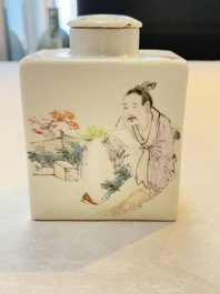 A Chinese famille rose 'Wu Shuang Pu' covered teapot and a qianjiang cai covered tea caddy, signed Lei Guangheng 雷光亨, 19th C.
