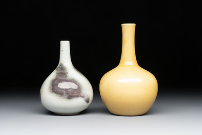 A Chinese copper-red and white 'Mythical Beasts' vase and a yellow-glazed bottle vase, on later wooden stands, Kangxi and later