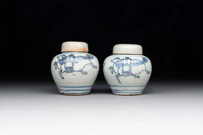 A pair of Chinese incised white-glazed 'Meiping' vases, Wanli mark and of the period, and a pair of blue and white covered jarlets, Ming