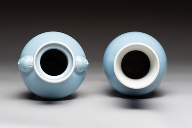 Two Chinese claire-de-lune vases, one with a wooden stand, Kangxi and Yongzheng mark, 19/20th C.