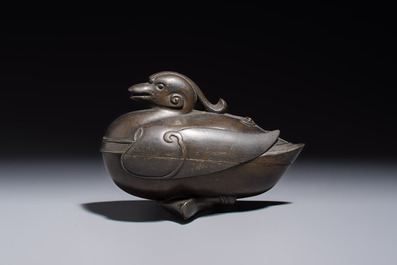 A Chinese silver-inlaid bronze 'Mandarin Duck' censer and cover, Ming