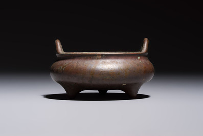 A Chinese bronze handled tripod censer, Yu Tang Jing Wan 玉堂精玩 mark, 17th C.
