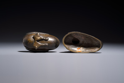 A Chinese silver-inlaid bronze 'Mandarin Duck' censer and cover, Ming
