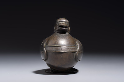 A Chinese silver-inlaid bronze 'Mandarin Duck' censer and cover, Ming