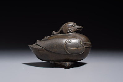 A Chinese silver-inlaid bronze 'Mandarin Duck' censer and cover, Ming