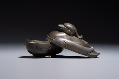 A Chinese silver-inlaid bronze 'Mandarin Duck' censer and cover, Ming