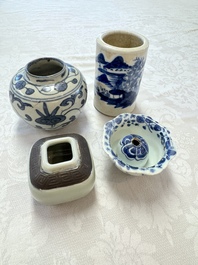 A Chinese Nanking water pot, a blue and white brush pot, a jarlet and a trick cup, Ming and later