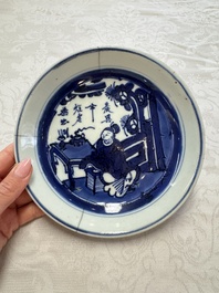 Seven Chinese blue and white plates with figural and floral design, 18/19th C.