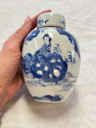 A Chinese blue and white 'Elegant Beauties' tea caddy and cover, artemisia leaf mark, Kangxi