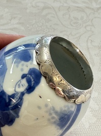 A silver-mounted Chinese blue and white tea caddy and cover, artemisia leaf mark, Kangxi
