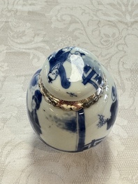 A silver-mounted Chinese blue and white tea caddy and cover, artemisia leaf mark, Kangxi