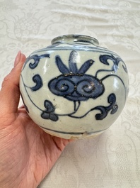 A Chinese Nanking water pot, a blue and white brush pot, a jarlet and a trick cup, Ming and later