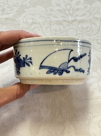 A rare Japanese blue and white 'Pipe Smoker' incense burner and cover, Edo, 17th C.