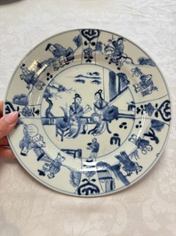 Seven Chinese blue and white plates with figural and floral design, 18/19th C.