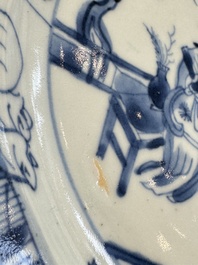 Seven Chinese blue and white plates with figural and floral design, 18/19th C.