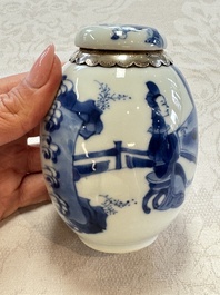 A silver-mounted Chinese blue and white tea caddy and cover, artemisia leaf mark, Kangxi